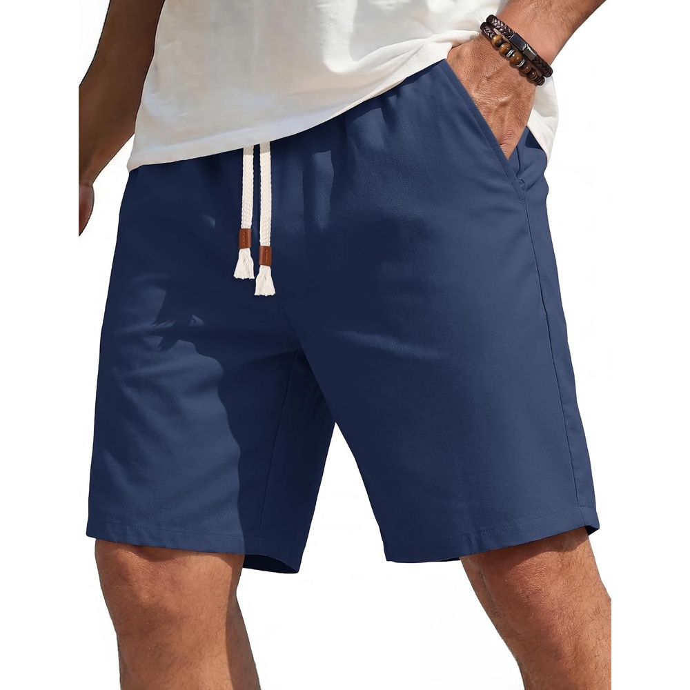 image:imageCOOFANDY Mens Casual Cotton Linen Shorts Elastic Waist Drawstring Shorts  Stretch Linen Chino Lightweight Breathable Flat Front Phone Pockets Regular Fit 9 Inch Inseam Summer Beach VacationDenim Blue