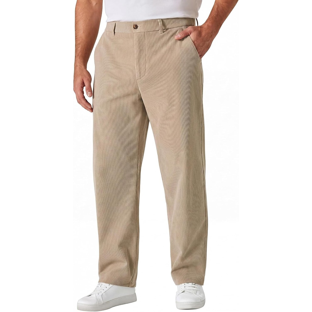 image:imageCOOFANDY Mens Corduroy Pant Straight Fit Flat Front Casual Dress Slacks Hybrid Waistand Soft Breathable Resistant to Pilling FineWale Corduroy Old Money Everyday Weekend Work WearKhaki
