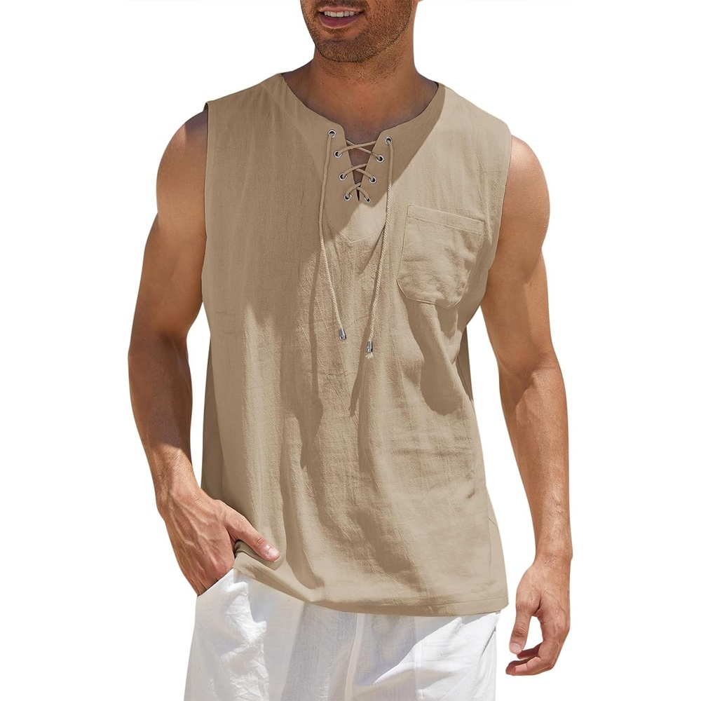 image:imageCOOFANDY Mens Cotton Linen Sleeveless Shirts Casual Tank Top Beach Tunic LaceUp V Neck Cut Off Shirts with Chest Patch Pocket Bohemian Medieval Renaissance Hippie Shirt for Summer Vacation CrusieKhaki
