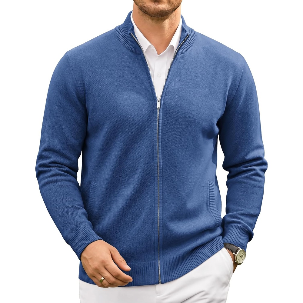 image:imageCOOFANDY Mens Full Zip Cardigan Sweaters Mock Neck Knitwear with Pattern  Solid and Fair Isle 2 slant pockets fall winter 2026 relaxedfit business casual S3XLDemin Blue