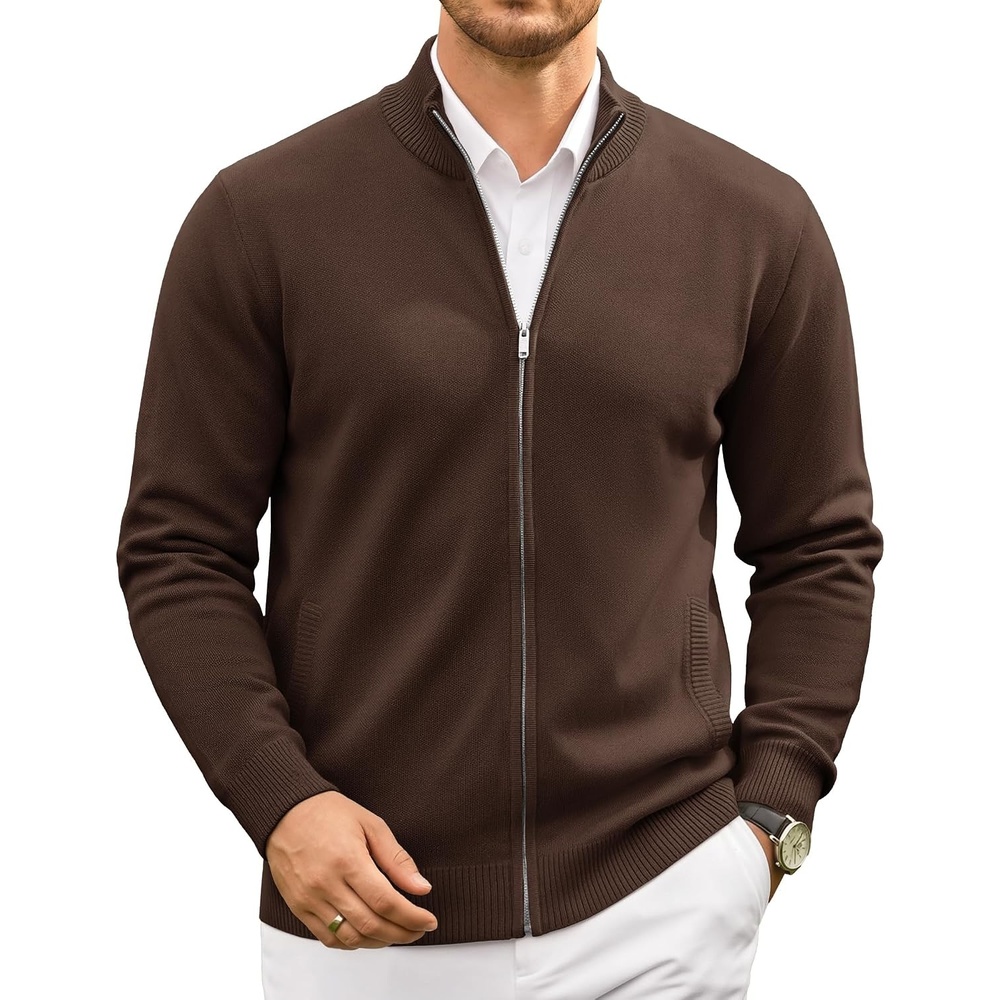 image:imageCOOFANDY Mens Full Zip Cardigan Sweaters Mock Neck Knitwear with Pattern  Solid and Fair Isle 2 slant pockets fall winter 2026 relaxedfit business casual S3XLChestnut Brown