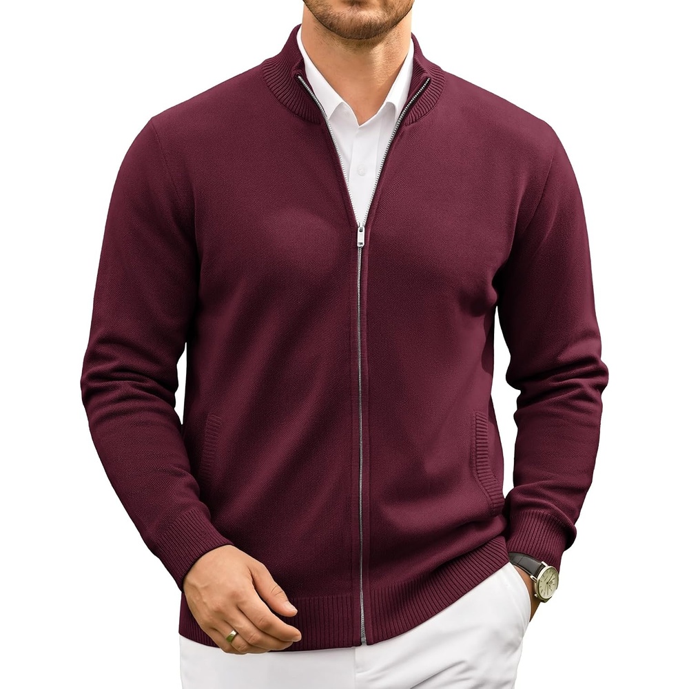 image:imageCOOFANDY Mens Full Zip Cardigan Sweaters Mock Neck Knitwear with Pattern Solid and Fair Isle 2 slant pockets fall winter 2026 relaxedfit business casual S3XLWine Red