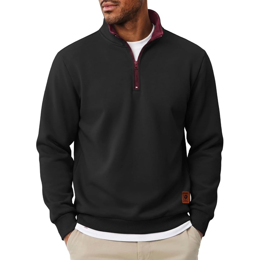 image:imageCOOFANDY Mens Quarter Zip Pullover Fleece Casual Long Sleeve Polo Sweater 14 Zip Pullover Fleece Lined Color Black Collar Sweatshirt Long Sleeve Sweater Casual Vintage Classic Fall WinterBlack