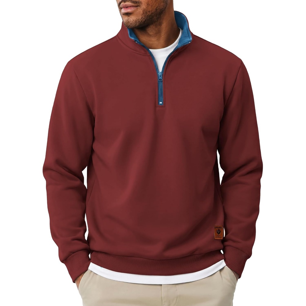 image:imageCOOFANDY Mens Quarter Zip Pullover Fleece Casual Long Sleeve Polo Sweater  14 Zip Pullover Fleece Lined Color Black Collar Sweatshirt Long Sleeve Sweater Casual Vintage Classic Fall WinterWine Red