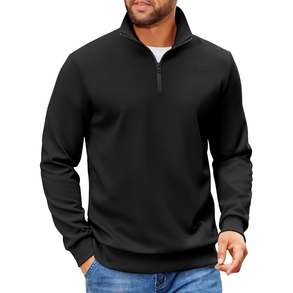 image:imageCOOFANDY Mens Quarter Zip Pullover Sweatshirt Casual Mock Neck Sweater 2026 Lightweight Long Sleeve Fashion Clothes Soft Quilted Fabric Warm Without Bulk Regular Fit Fall Winter Smooth ZipperBlack