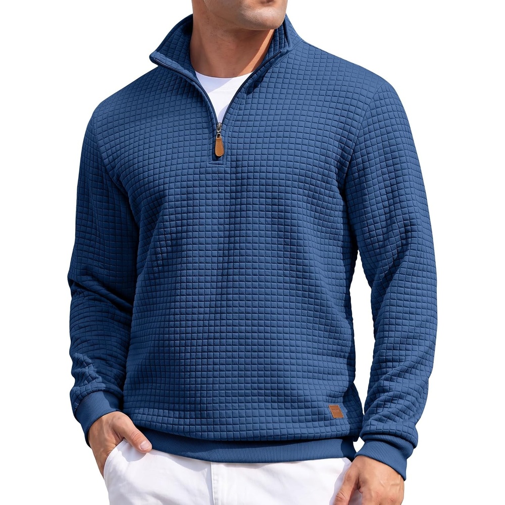 image:imageCOOFANDY Mens Quarter Zip Pullover Sweatshirts 14 Zip Long Sleeve Sweater Mock Neck Sweater Polo Casual Business Winter Fall Leather label and Zipper Pull quilted fabric with a grid patternDenim Blue