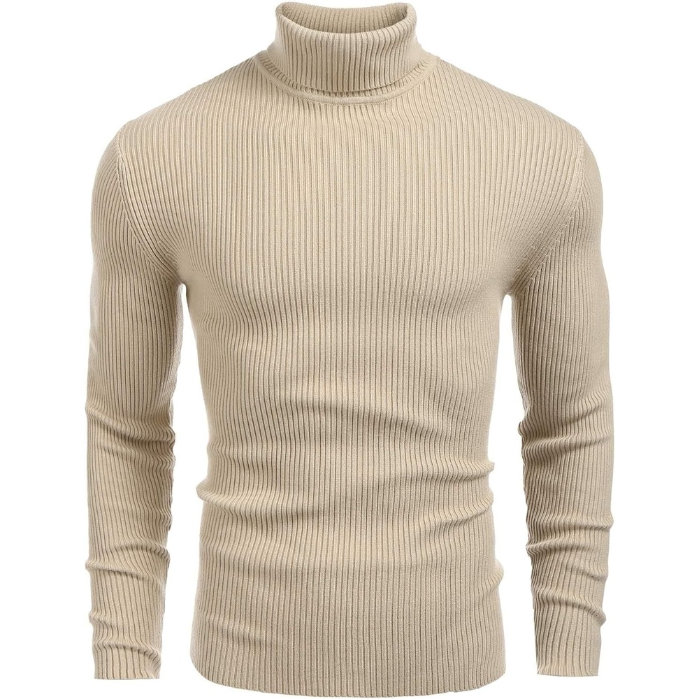 image:imageCOOFANDY Mens Ribbed Slim Fit Knitted Pullover Casual Turtleneck Sweater Premium antishrink knit turtleneck Soft warm amp stretchyperfect for casual work or outdoor wear in fallwinterKhaki