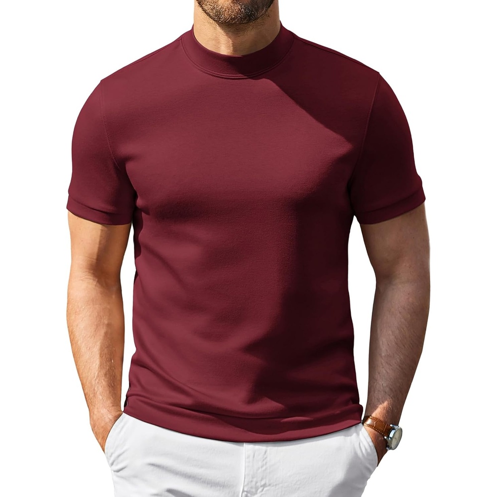 image:imageCOOFANDY Mens Short Sleeve Mock Neck Sweater Casual Slim Fit Basic Tops  SilkySoft FabricShort Sleeve Mock NeckSlim Fit Basic TopBlazerReady LayeringBusiness Casual StyleFashionStylishWine Red
