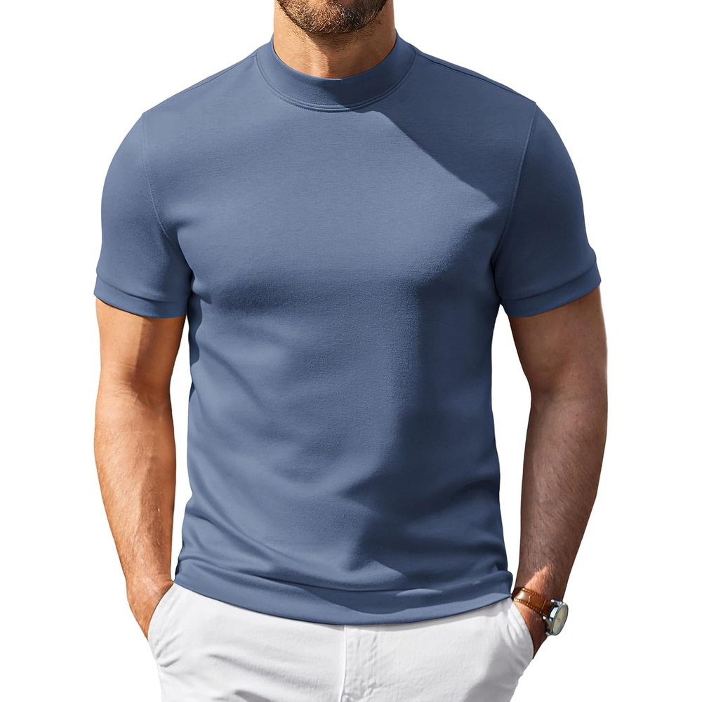 image:imageCOOFANDY Mens Short Sleeve Mock Neck Sweater Casual Slim Fit Basic Tops SilkySoft FabricShort Sleeve Mock NeckSlim Fit Basic TopBlazerReady LayeringBusiness Casual StyleFashionStylishMisty Blue
