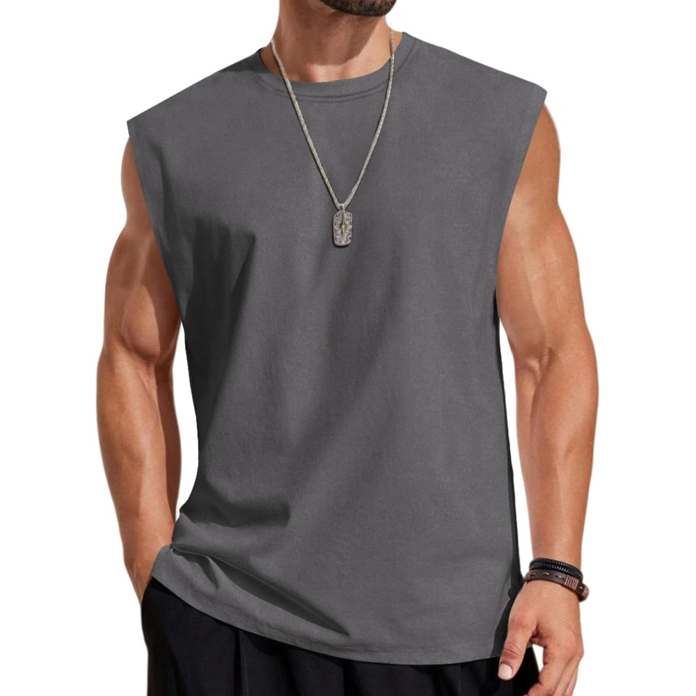 image:imageCOOFANDY Mens Sleeveless Shirts 100 Cotton Workout Tank Tops Cut Off Shirts Gym Muscle Loose Fit TeeDark Grey