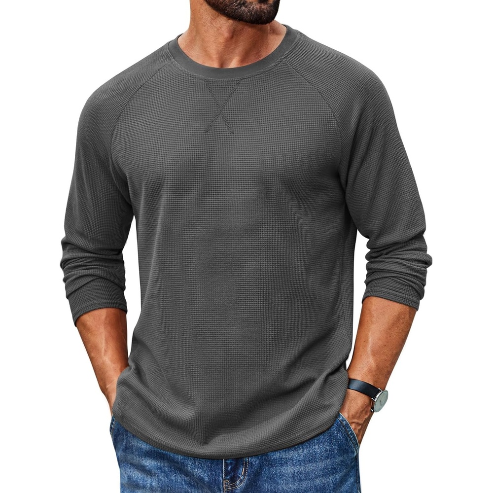 image:imageCOOFANDY Mens Waffle Long Sleeve Shirt Crew Neck TShirts Cotton Tee Shirts  Knit ShirtsLightweightRaglan sleeveX Chest StitchRibbed CollarFashion PulloverCasual WearGym ShirtFall Winter WearDark Grey