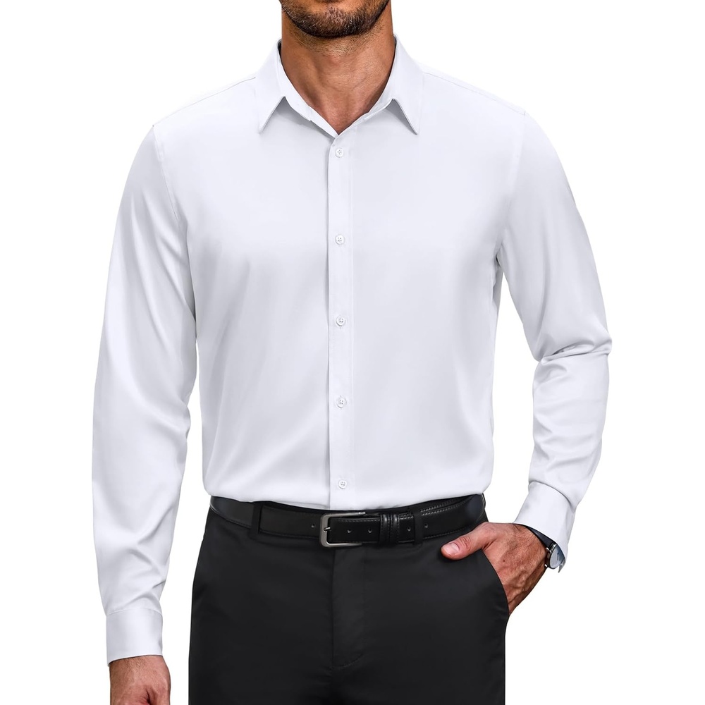 image:imageCOOFANDY Mens Wrinkle Free Dress Shirt Stretch Long Sleeve Button Down Shirts Formal Business ShirtAwhite
