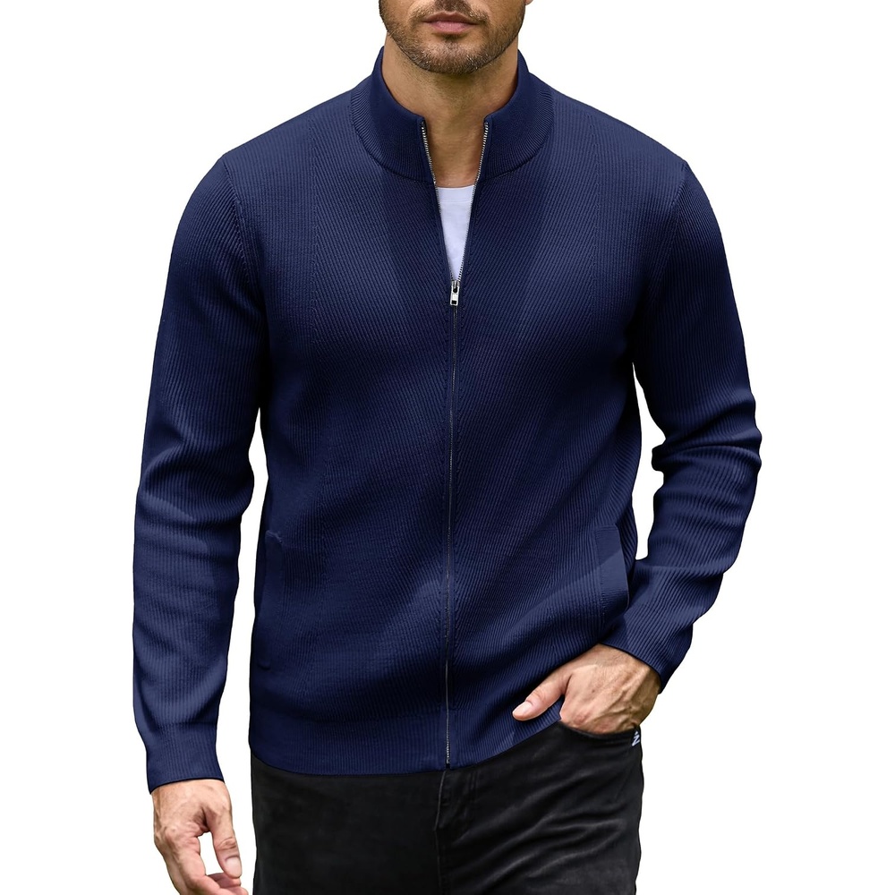 image:imageCOOFANDY Mens Zip up Sweater Casual Knitted Cardigan Sweater Stand Collar  Textured Knitted Two Deep Slanted Pockets 2026 Fall Fashion Soft Warm Sweater Business Work Dress Long Sleeve SweatersNavy Blue