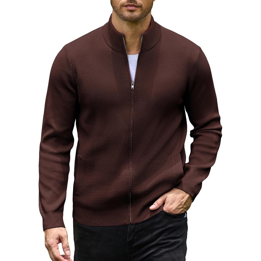 image:imageCOOFANDY Mens Zip up Sweater Casual Knitted Cardigan Sweater Stand Collar Textured Knitted Two Deep Slanted Pockets 2026 Fall Fashion Soft Warm Sweater Business Work Dress Long Sleeve SweatersBrown
