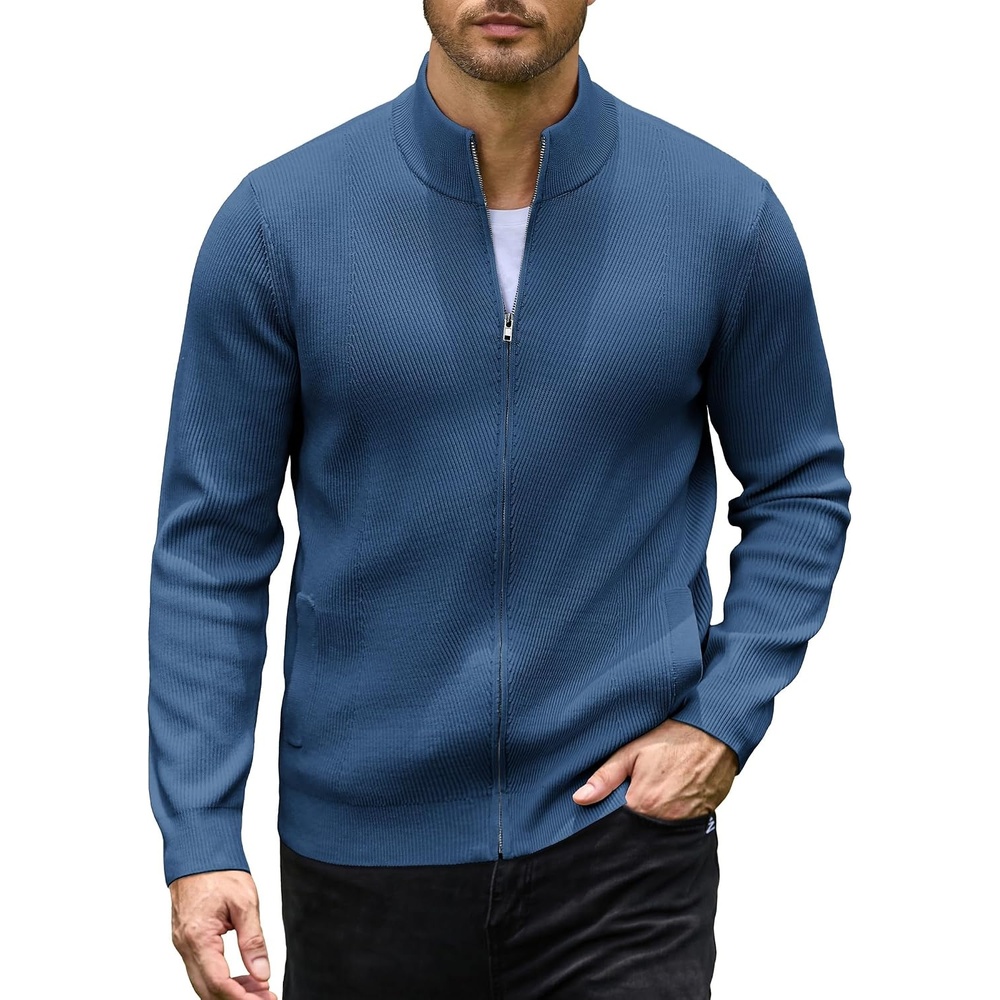 image:imageCOOFANDY Mens Zip up Sweater Casual Knitted Cardigan Sweater Stand Collar Textured Knitted Two Deep Slanted Pockets 2026 Fall Fashion Soft Warm Sweater Business Work Dress Long Sleeve SweatersDenim Blue
