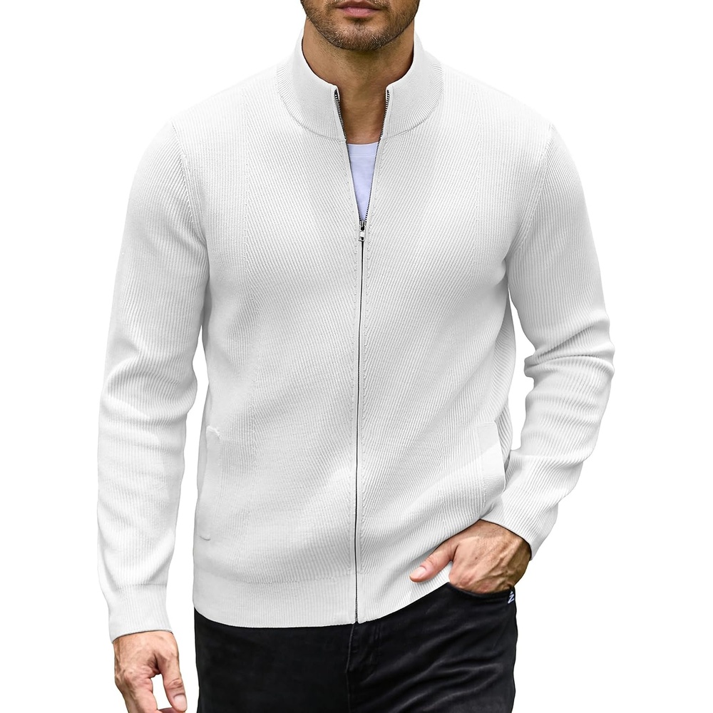 image:imageCOOFANDY Mens Zip up Sweater Casual Knitted Cardigan Sweater Stand Collar  Textured Knitted Two Deep Slanted Pockets 2026 Fall Fashion Soft Warm Sweater Business Work Dress Long Sleeve SweatersOffwhite