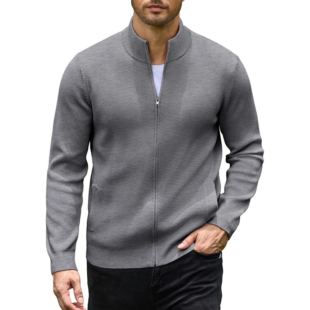 image:imageCOOFANDY Mens Zip up Sweater Casual Knitted Cardigan Sweater Stand Collar Textured Knitted Two Deep Slanted Pockets 2026 Fall Fashion Soft Warm Sweater Business Work Dress Long Sleeve SweatersHeather Grey
