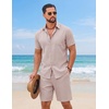 COOFANDY Men’s 2 Piece Outfit Summer Shorts Sets Short Sleeve Cotton Shirts | 100% Cotton,Shirt And Shorts Sets,Chest Pocket,Elastic Drawstring,Machine Washable.Beach,Vacation,Cruise,Travel,Wedding,Party(Champagne Beige)