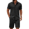 COOFANDY Men’s 2 Piece Outfit Summer Shorts Sets Short Sleeve Cotton Shirts | 100% Cotton,Shirt And Shorts Sets,Chest Pocket,Elastic Drawstring,Machine Washable.Beach,Vacation,Cruise,Travel,Wedding,Party(Black)