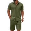 COOFANDY Men’s 2 Piece Outfit Summer Shorts Sets Short Sleeve Cotton Shirts | 100% Cotton,Shirt And Shorts Sets,Chest Pocket,Elastic Drawstring,Machine Washable.Beach,Vacation,Cruise,Travel,Wedding,Party(Army Green)