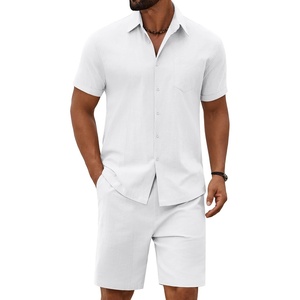 COOFANDY Men’s 2 Piece Outfit Summer Shorts Sets Short Sleeve Cotton Shirts | 100% Cotton,Shirt And Shorts Sets,Chest Pocket,Elastic Drawstring,Machine Washable.Beach,Vacation,Cruise,Travel,Wedding,Party(01_white)