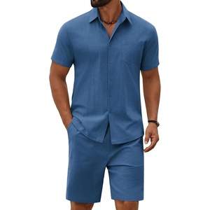 COOFANDY Men’s 2 Piece Outfit Summer Shorts Sets Short Sleeve Cotton Shirts | 100% Cotton,Shirt And Shorts Sets,Chest Pocket,Elastic Drawstring,Machine Washable.Beach,Vacation,Cruise,Travel,Wedding,Party(Blue)