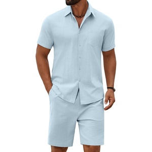 COOFANDY Men’s 2 Piece Outfit Summer Shorts Sets Short Sleeve Cotton Shirts | 100% Cotton,Shirt And Shorts Sets,Chest Pocket,Elastic Drawstring,Machine Washable.Beach,Vacation,Cruise,Travel,Wedding,Party(Light Blue)