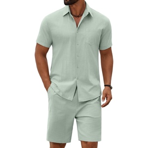 COOFANDY Men’s 2 Piece Outfit Summer Shorts Sets Short Sleeve Cotton Shirts | 100% Cotton,Shirt And Shorts Sets,Chest Pocket,Elastic Drawstring,Machine Washable.Beach,Vacation,Cruise,Travel,Wedding,Party(Green)