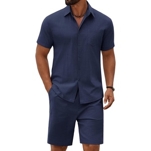 COOFANDY Men’s 2 Piece Outfit Summer Shorts Sets Short Sleeve Cotton Shirts | 100% Cotton,Shirt And Shorts Sets,Chest Pocket,Elastic Drawstring,Machine Washable.Beach,Vacation,Cruise,Travel,Wedding,Party(Navy)
