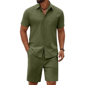 COOFANDY Men’s 2 Piece Outfit Summer Shorts Sets Short Sleeve Cotton Shirts | 100% Cotton,Shirt And Shorts Sets,Chest Pocket,Elastic Drawstring,Machine Washable.Beach,Vacation,Cruise,Travel,Wedding,Party(Army Green)