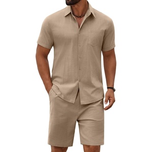 COOFANDY Men’s 2 Piece Outfit Summer Shorts Sets Short Sleeve Cotton Shirts | 100% Cotton,Shirt And Shorts Sets,Chest Pocket,Elastic Drawstring,Machine Washable.Beach,Vacation,Cruise,Travel,Wedding,Party(Khaki)