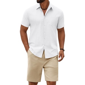 COOFANDY Men’s 2 Piece Outfit Summer Shorts Sets Short Sleeve Cotton Shirts | 100% Cotton,Shirt And Shorts Sets,Chest Pocket,Elastic Drawstring,Machine Washable.Beach,Vacation,Cruise,Travel,Wedding,Party(White/Light Khaki)