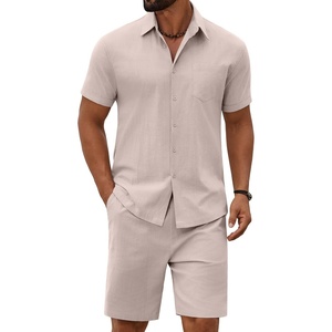 COOFANDY Men’s 2 Piece Outfit Summer Shorts Sets Short Sleeve Cotton Shirts | 100% Cotton,Shirt And Shorts Sets,Chest Pocket,Elastic Drawstring,Machine Washable.Beach,Vacation,Cruise,Travel,Wedding,Party(Champagne Beige)