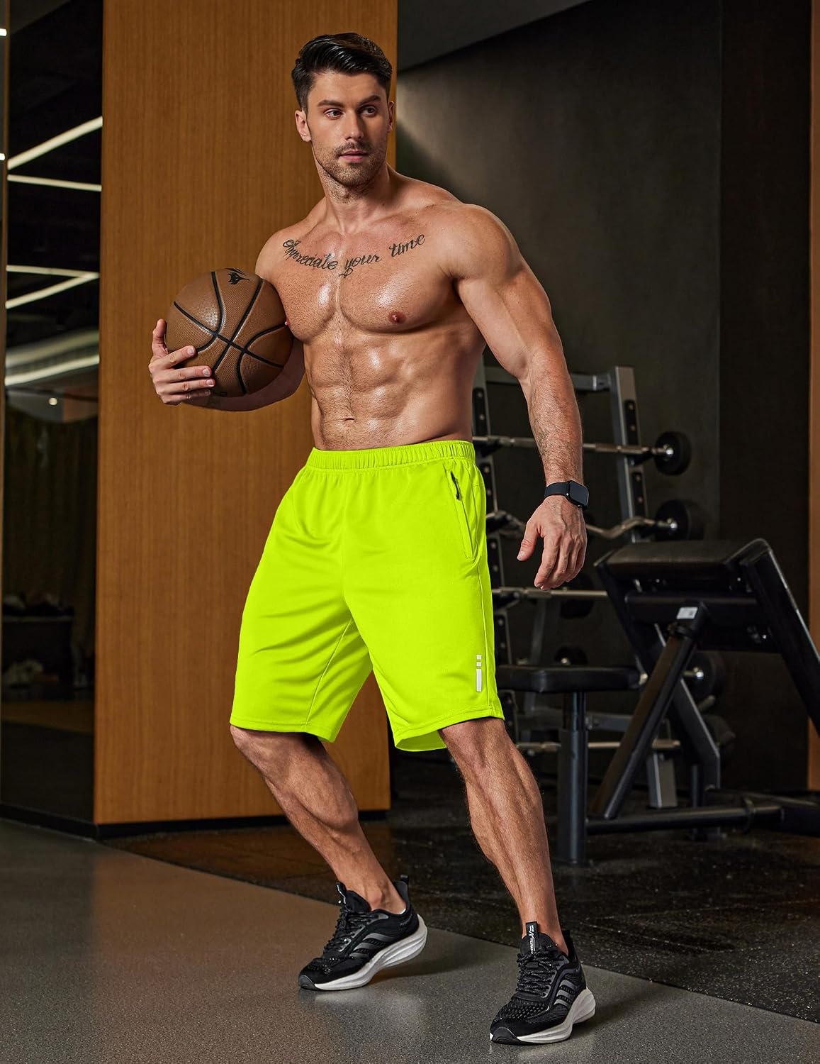 image:imageCOOFANDY Mens Athletic Running Shorts 7 9 Quick Dry Cool Mesh Gym Shorts 2 Zippered Pockets Lightweight Breathability Elastic Waistband Basketball ReadyFluorescent Green