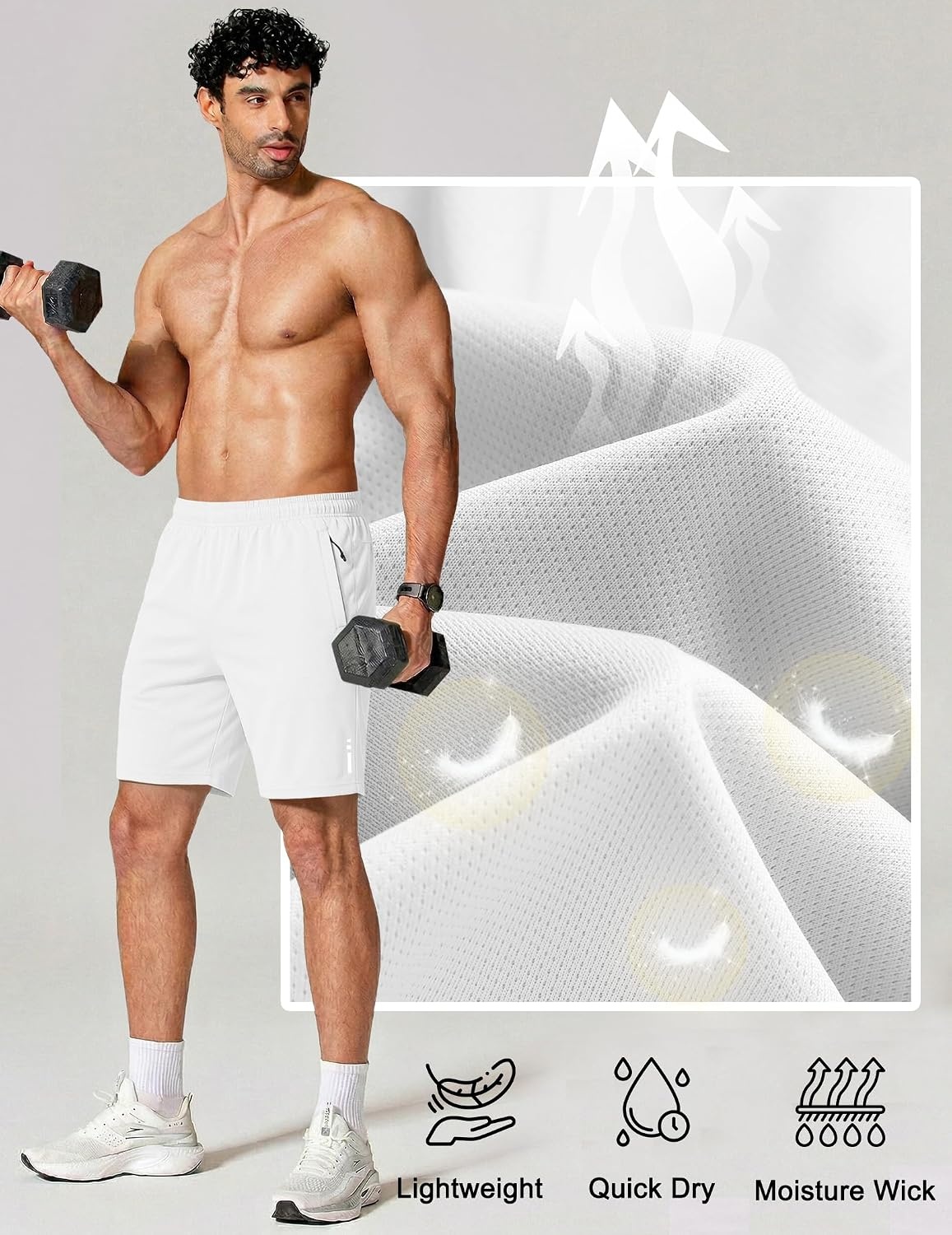 image:imageCOOFANDY Mens Athletic Running Shorts 7 9 Quick Dry Cool Mesh Gym Shorts 2 Zippered Pockets Lightweight Breathability Elastic Waistband Basketball ReadyWhite