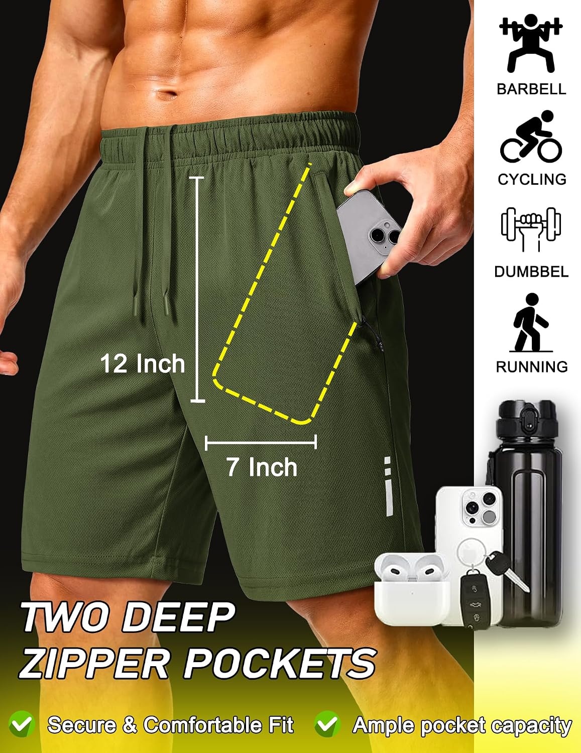 image:imageCOOFANDY Mens Athletic Running Shorts 7 9 Quick Dry Cool Mesh Gym Shorts 2 Zippered Pockets Lightweight Breathability Elastic Waistband Basketball ReadyArmy Green
