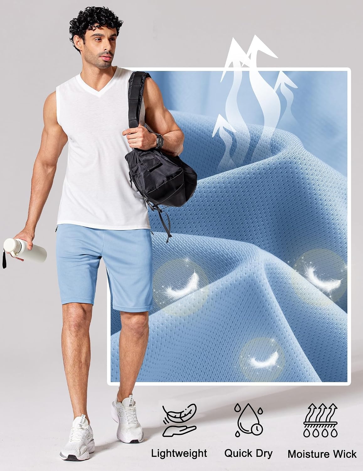 image:imageCOOFANDY Mens Athletic Running Shorts 7 9 Quick Dry Cool Mesh Gym Shorts 2 Zippered Pockets Lightweight Breathability Elastic Waistband Basketball ReadyLight Blue