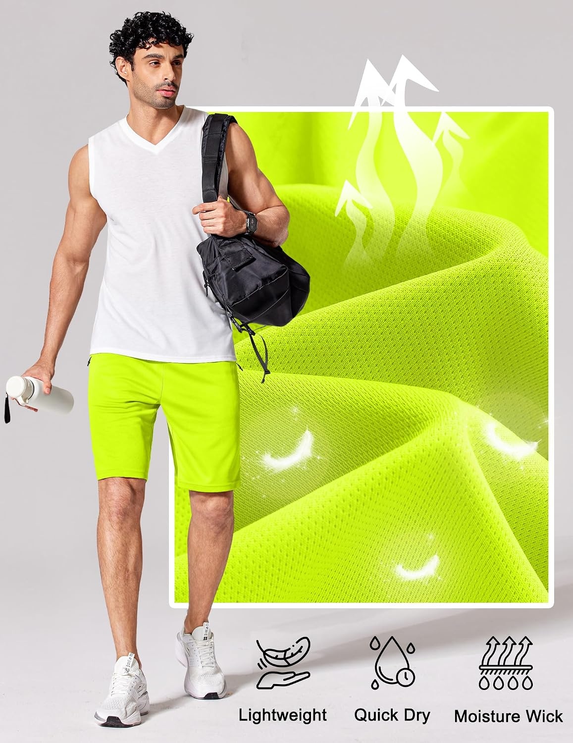 image:imageCOOFANDY Mens Athletic Running Shorts 7 9 Quick Dry Cool Mesh Gym Shorts 2 Zippered Pockets Lightweight Breathability Elastic Waistband Basketball ReadyFluorescent Green