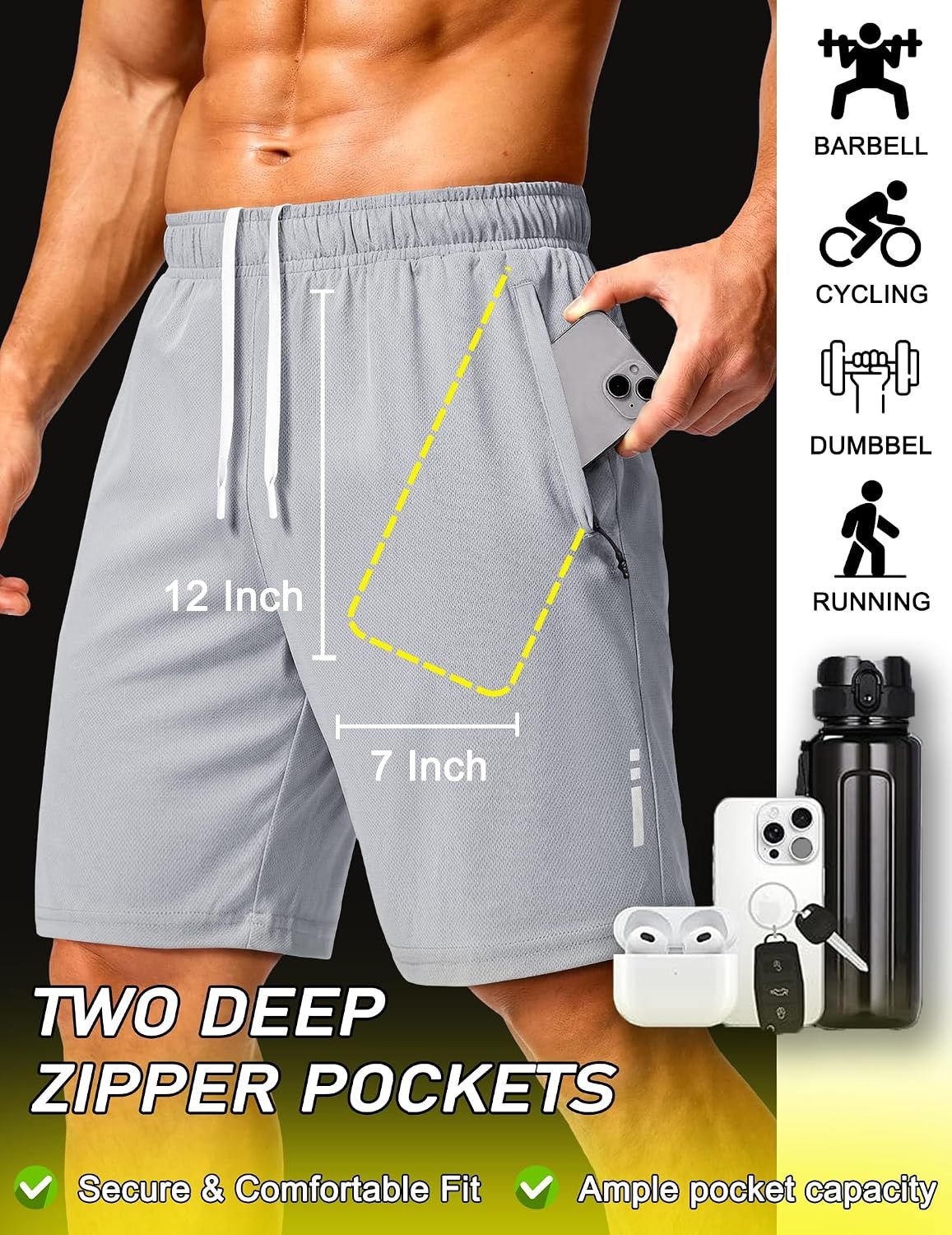 image:imageCOOFANDY Mens Athletic Running Shorts 7 9 Quick Dry Cool Mesh Gym Shorts 2 Zippered Pockets Lightweight Breathability Elastic Waistband Basketball ReadyLight Grey