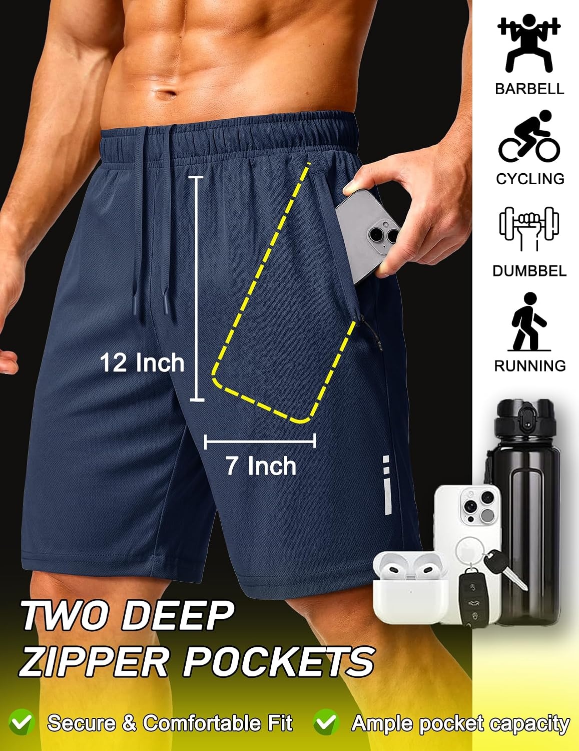 image:imageCOOFANDY Mens Athletic Running Shorts 7 9 Quick Dry Cool Mesh Gym Shorts 2 Zippered Pockets Lightweight Breathability Elastic Waistband Basketball ReadyNavy Blue