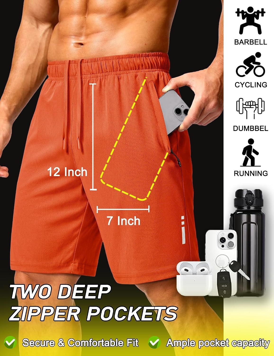 image:imageCOOFANDY Mens Athletic Running Shorts 7 9 Quick Dry Cool Mesh Gym Shorts 2 Zippered Pockets Lightweight Breathability Elastic Waistband Basketball ReadyVibrant Orange