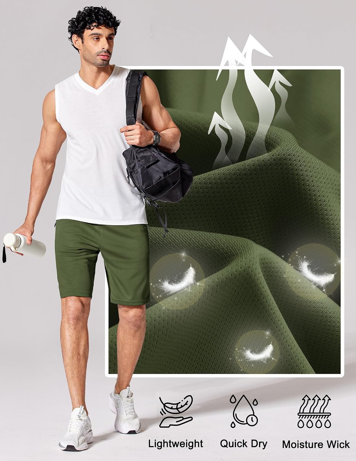 image:imageCOOFANDY Mens Athletic Running Shorts 7 9 Quick Dry Cool Mesh Gym Shorts 2 Zippered Pockets Lightweight Breathability Elastic Waistband Basketball ReadyArmy Green