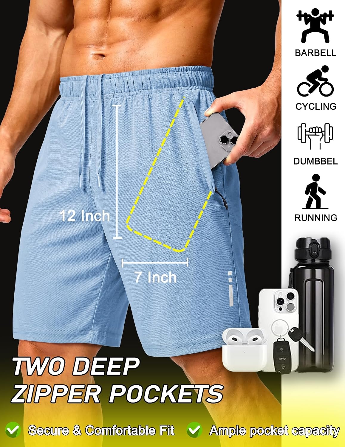image:imageCOOFANDY Mens Athletic Running Shorts 7 9 Quick Dry Cool Mesh Gym Shorts 2 Zippered Pockets Lightweight Breathability Elastic Waistband Basketball ReadyLight Blue