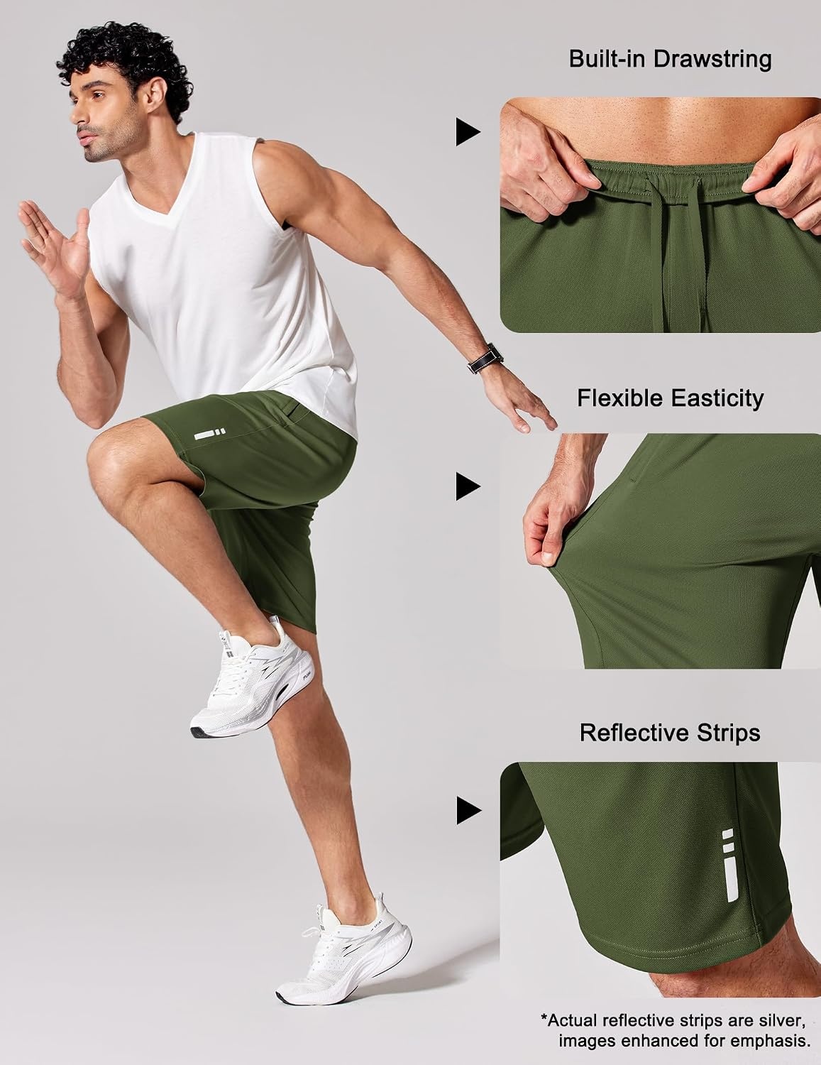 image:imageCOOFANDY Mens Athletic Running Shorts 7 9 Quick Dry Cool Mesh Gym Shorts 2 Zippered Pockets Lightweight Breathability Elastic Waistband Basketball ReadyArmy Green
