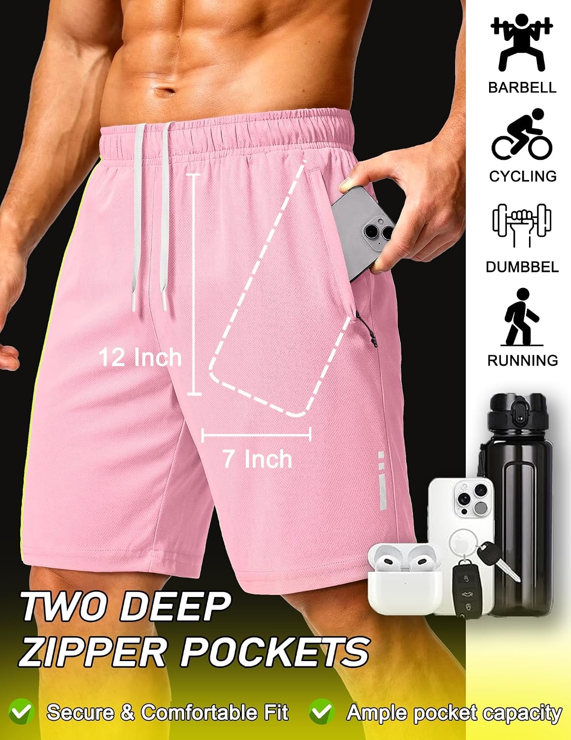 image:imageCOOFANDY Mens Athletic Running Shorts 7 9 Quick Dry Cool Mesh Gym Shorts 2 Zippered Pockets Lightweight Breathability Elastic Waistband Basketball ReadyPink