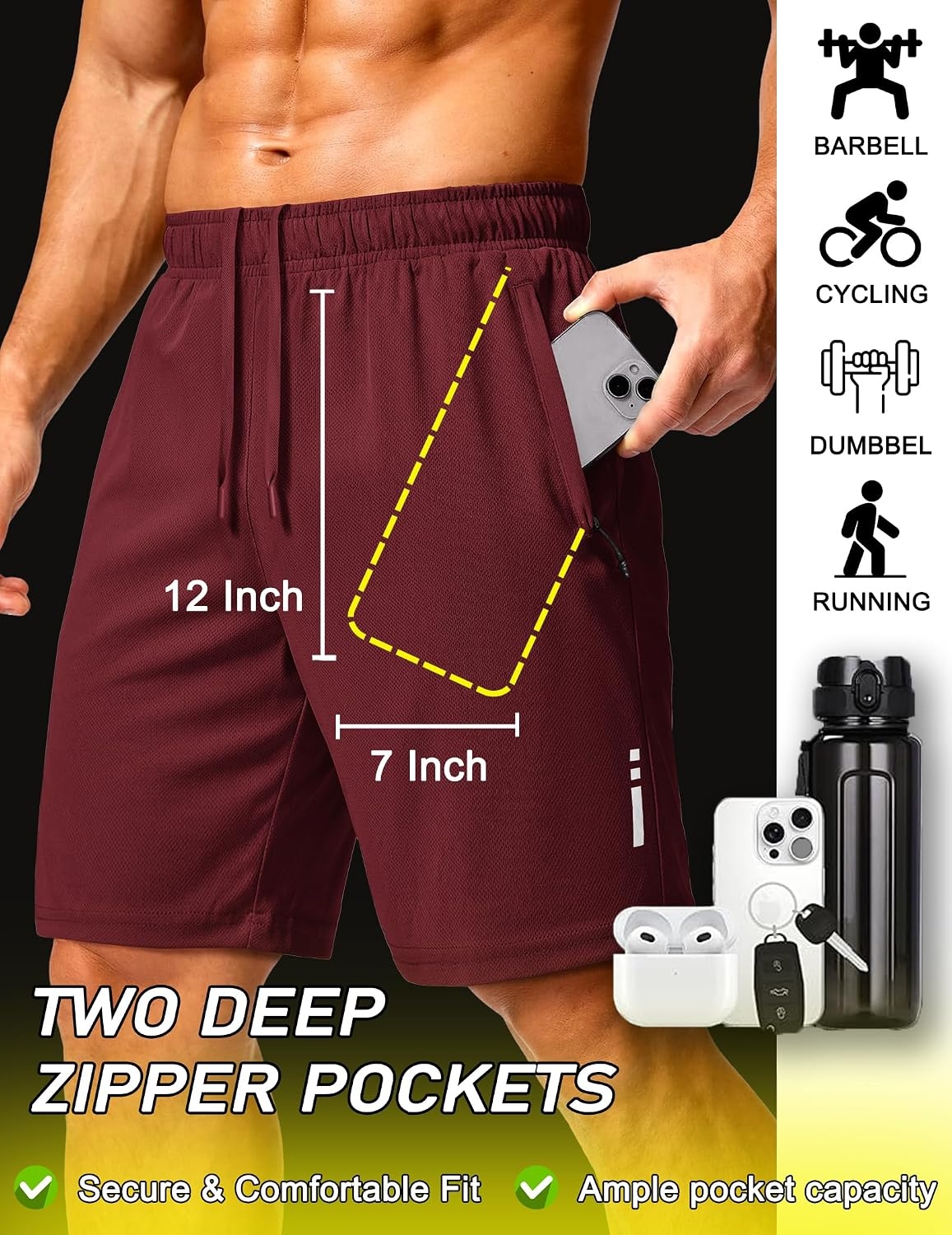 image:imageCOOFANDY Mens Athletic Running Shorts 7 9 Quick Dry Cool Mesh Gym Shorts 2 Zippered Pockets Lightweight Breathability Elastic Waistband Basketball ReadyWine Red