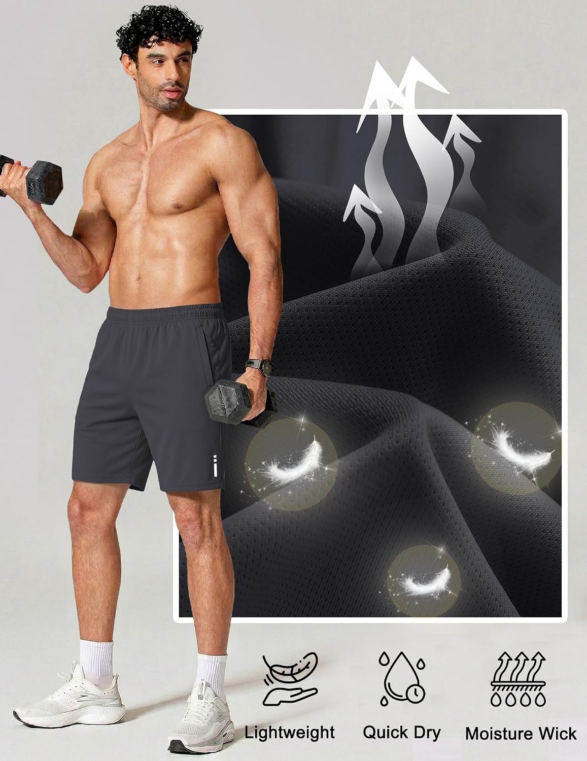 image:imageCOOFANDY Mens Athletic Running Shorts 7 9 Quick Dry Cool Mesh Gym Shorts 2 Zippered Pockets Lightweight Breathability Elastic Waistband Basketball ReadyDark Grey