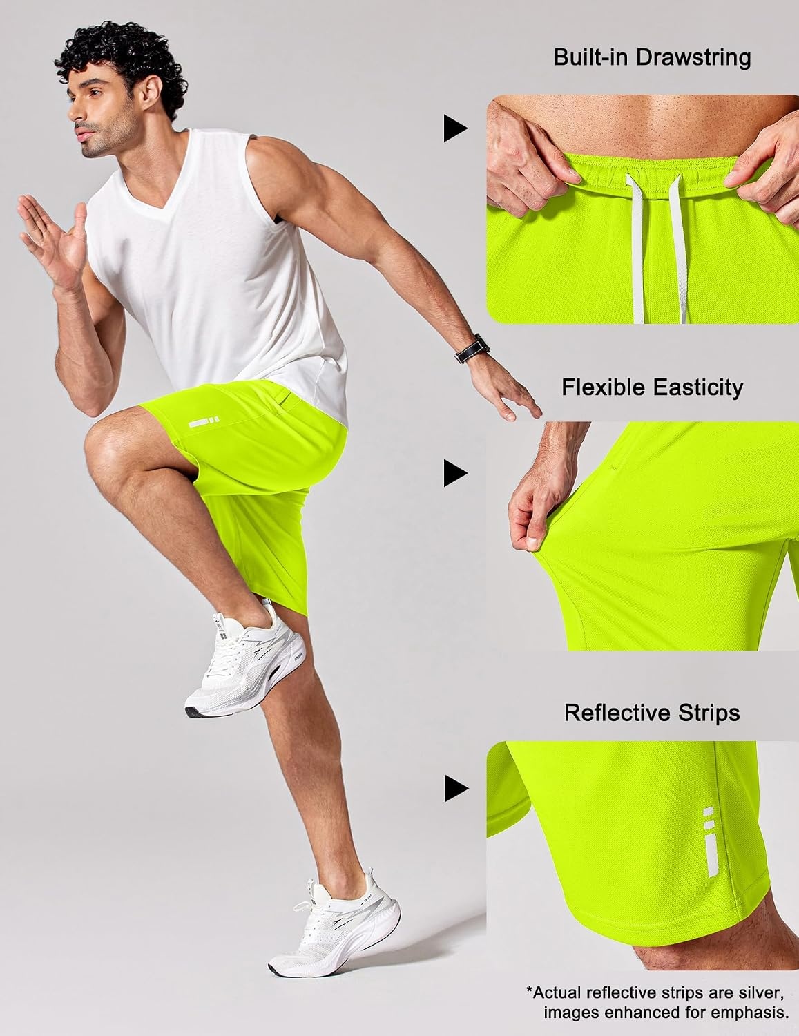 image:imageCOOFANDY Mens Athletic Running Shorts 7 9 Quick Dry Cool Mesh Gym Shorts 2 Zippered Pockets Lightweight Breathability Elastic Waistband Basketball ReadyFluorescent Green