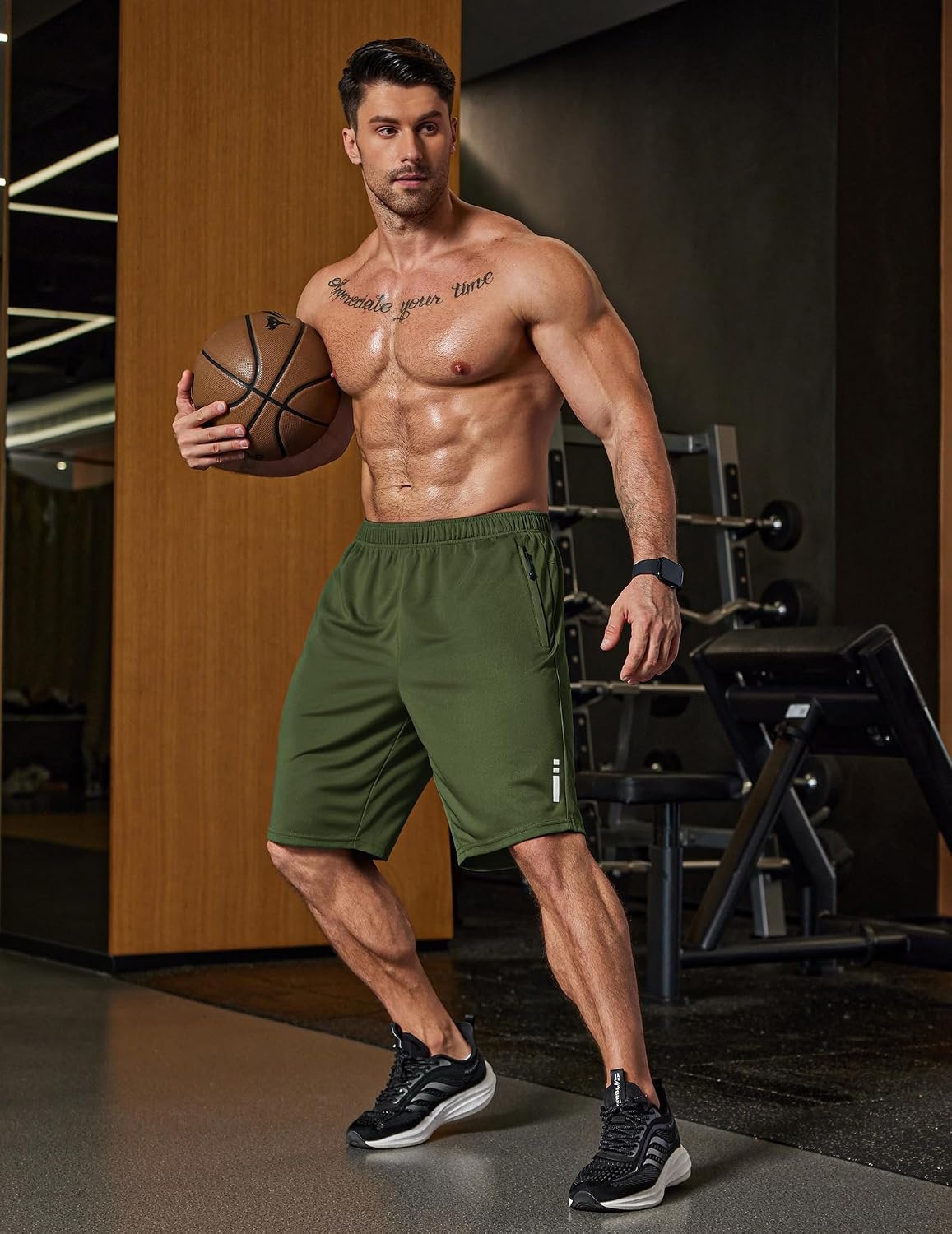 image:imageCOOFANDY Mens Athletic Running Shorts 7 9 Quick Dry Cool Mesh Gym Shorts 2 Zippered Pockets Lightweight Breathability Elastic Waistband Basketball ReadyArmy Green