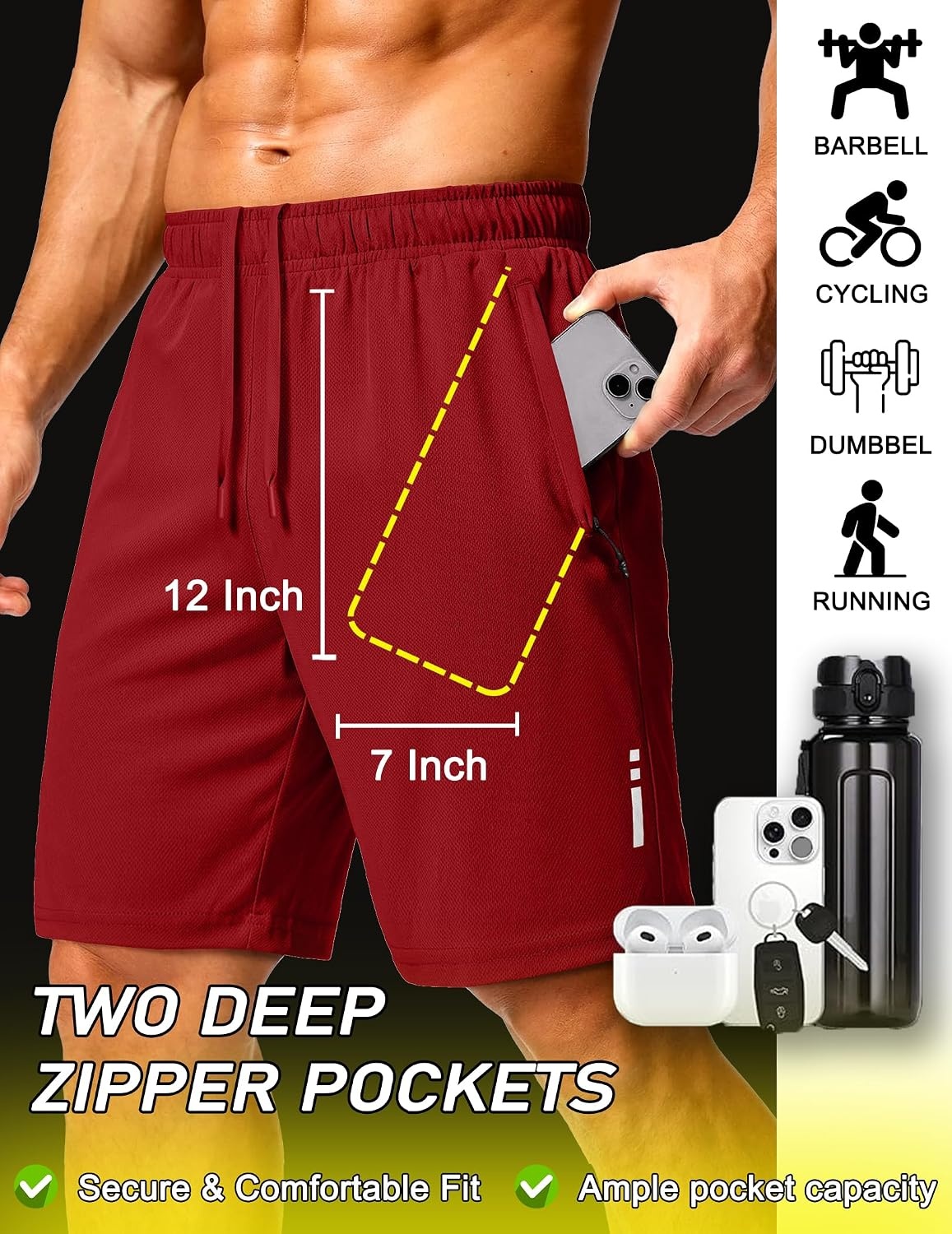 image:imageCOOFANDY Mens Athletic Running Shorts 7 9 Quick Dry Cool Mesh Gym Shorts 2 Zippered Pockets Lightweight Breathability Elastic Waistband Basketball ReadyFiery Red